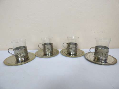 FOUR EXQUISITE, DAINTY, VERY ORNATE GLASS & SILVER PLATE DEMITASSE DUOS. ABSOLUTELY GORGEOUS!Bid/duo