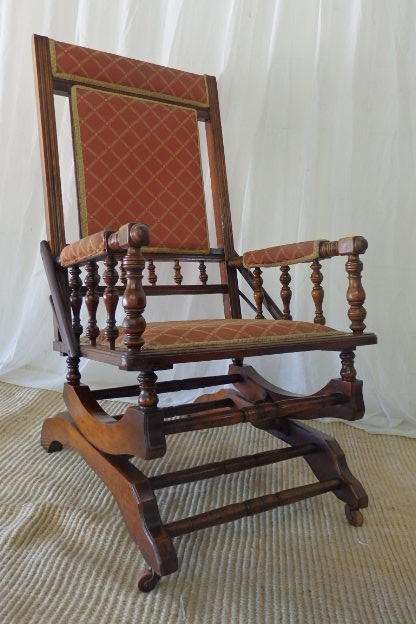 A MAGNIFICENT ANTIQUE VICTORIAN TURNED BEECH WOOD "AMERICAN" MECHANICAL ROCKING CHAIR