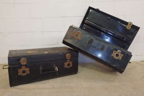 TWO STUNNING VINTAGE (c1970's) BLACK METAL TRAVEL TRUNKS WITH AMAZING CHARACTER bid/trunk