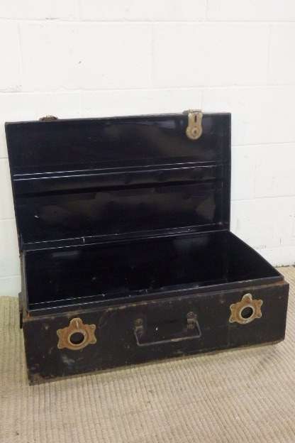 TWO STUNNING VINTAGE (c1970's) BLACK METAL TRAVEL TRUNKS WITH AMAZING CHARACTER bid/trunk
