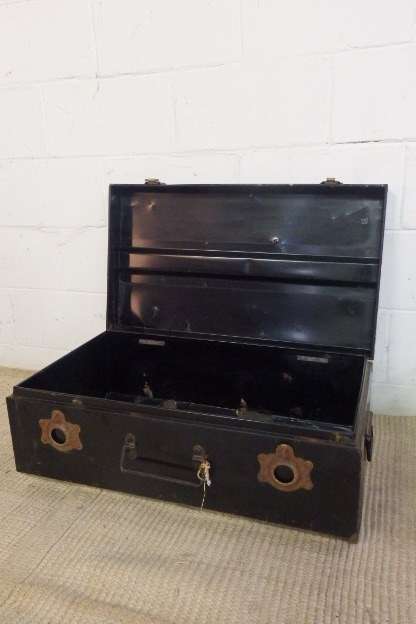 TWO STUNNING VINTAGE (c1970's) BLACK METAL TRAVEL TRUNKS WITH AMAZING CHARACTER bid/trunk