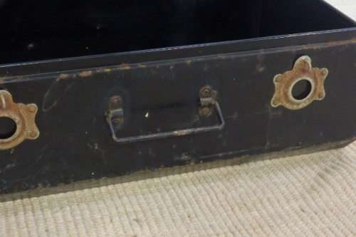 TWO STUNNING VINTAGE (c1970's) BLACK METAL TRAVEL TRUNKS WITH AMAZING CHARACTER bid/trunk