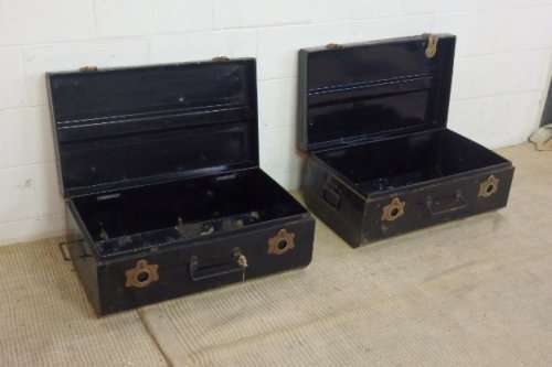 TWO STUNNING VINTAGE (c1970's) BLACK METAL TRAVEL TRUNKS WITH AMAZING CHARACTER bid/trunk
