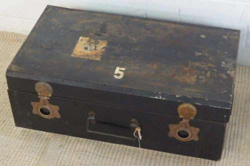 TWO STUNNING VINTAGE (c1970's) BLACK METAL TRAVEL TRUNKS WITH AMAZING CHARACTER bid/trunk