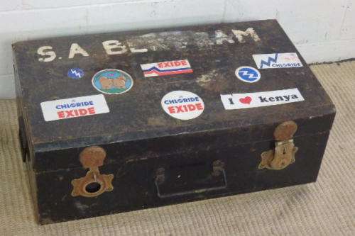 TWO STUNNING VINTAGE (c1970's) BLACK METAL TRAVEL TRUNKS WITH AMAZING CHARACTER bid/trunk