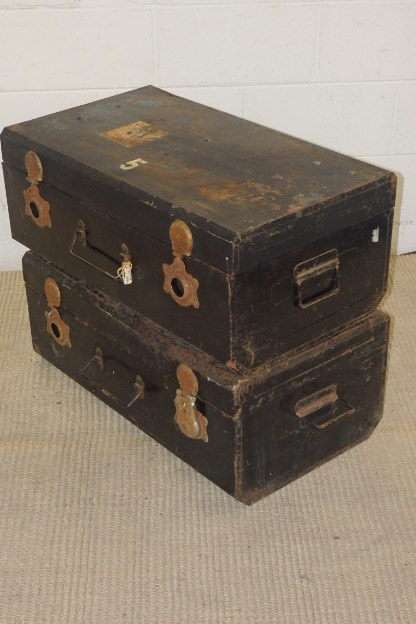 TWO STUNNING VINTAGE (c1970's) BLACK METAL TRAVEL TRUNKS WITH AMAZING CHARACTER bid/trunk