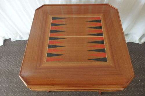 A SPECTACULAR RARE MID-CENTURY ITALIAN MADE MARQUETRY GAMES TABLE WITH VARIOUS INLAY BOARD GAMES