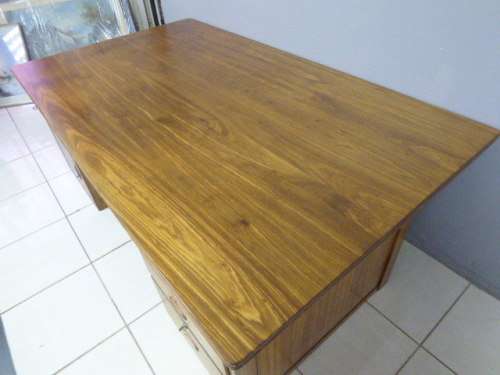 A STUNNING LARGE VINTAGE TEAK EXECUTIVE DESK w 4 DRAWERS & A CUPBOARD. STUNNING CHARACTER & CHARM!
