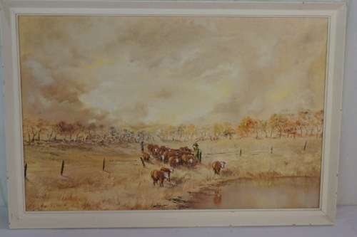 A FABULOUS FRAMED "ROSE O'CONNOR" OIL ON CANVAS OF A HERD OF CATTLE BEING LED TO A WATERING HOLE