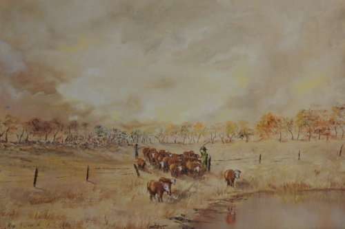 A FABULOUS FRAMED "ROSE O'CONNOR" OIL ON CANVAS OF A HERD OF CATTLE BEING LED TO A WATERING HOLE