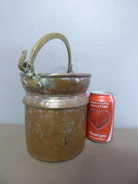 A LOVELY ANTIQUE METAL POT WITH A HAND FORGED BRASS HANDLE! STUNNING ON DISPLAY!!