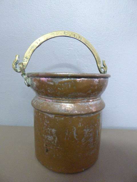 A LOVELY ANTIQUE METAL POT WITH A HAND FORGED BRASS HANDLE! STUNNING ON DISPLAY!!