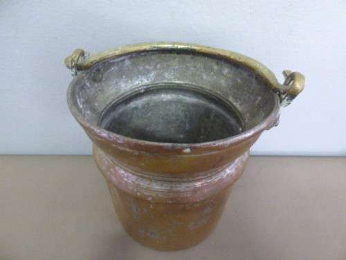 A LOVELY ANTIQUE METAL POT WITH A HAND FORGED BRASS HANDLE! STUNNING ON DISPLAY!!