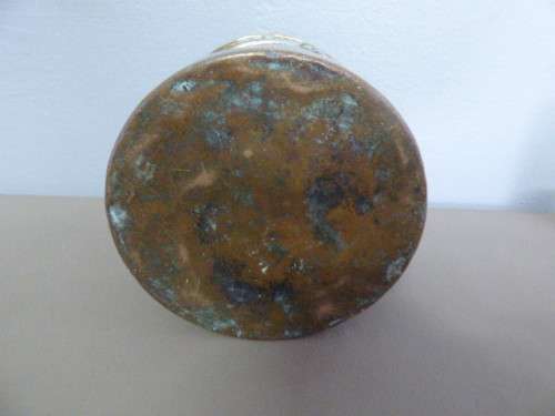 A LOVELY ANTIQUE METAL POT WITH A HAND FORGED BRASS HANDLE! STUNNING ON DISPLAY!!