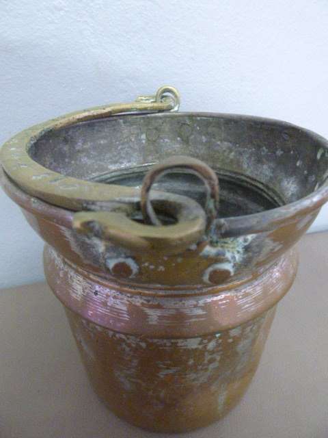 A LOVELY ANTIQUE METAL POT WITH A HAND FORGED BRASS HANDLE! STUNNING ON DISPLAY!!