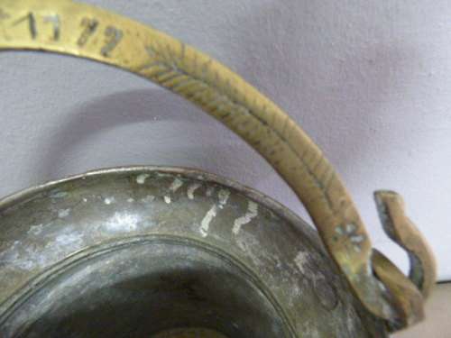 A LOVELY ANTIQUE METAL POT WITH A HAND FORGED BRASS HANDLE! STUNNING ON DISPLAY!!