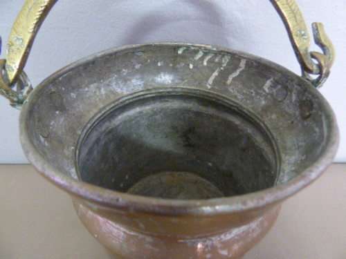 A LOVELY ANTIQUE METAL POT WITH A HAND FORGED BRASS HANDLE! STUNNING ON DISPLAY!!