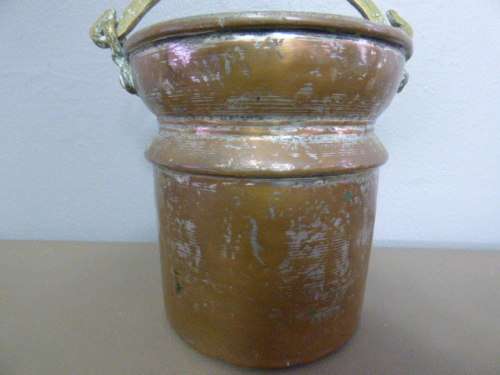 A LOVELY ANTIQUE METAL POT WITH A HAND FORGED BRASS HANDLE! STUNNING ON DISPLAY!!
