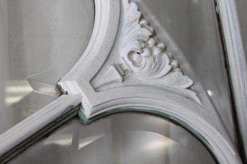 A RARE AND MAGNIFICENT ANTIQUE BEVELED GLASS "PEACOCK" DOUBLE DOOR ARCH TRANSOM WINDOW