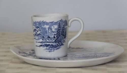 AN INCREDIBLE AND RARE ENOCH WEDGWOOD BLUE AND WHITE TRANSFER PRINT SANDWICH PLATE AND CUP SET