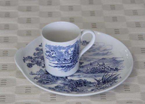 AN INCREDIBLE AND RARE ENOCH WEDGWOOD BLUE AND WHITE TRANSFER PRINT SANDWICH PLATE AND CUP SET