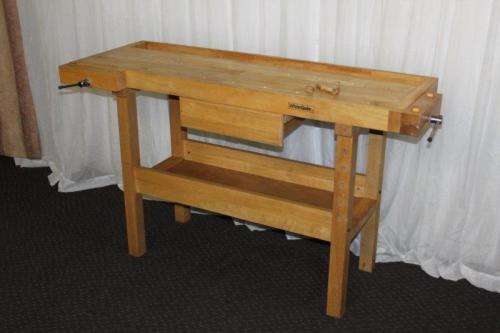 AN AWESOME AND VERY WELL MADE "WHITEGATE" SOLID WHITE OAK WORK BENCH WITH 2x VICES & AMPLE STORAGE