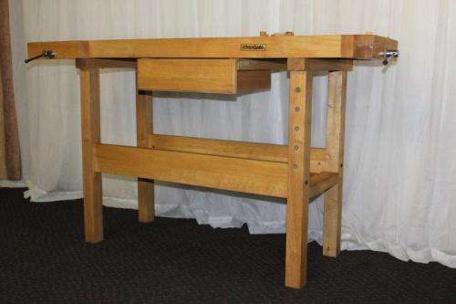 AN AWESOME AND VERY WELL MADE "WHITEGATE" SOLID WHITE OAK WORK BENCH WITH 2x VICES & AMPLE STORAGE
