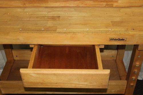 AN AWESOME AND VERY WELL MADE "WHITEGATE" SOLID WHITE OAK WORK BENCH WITH 2x VICES & AMPLE STORAGE