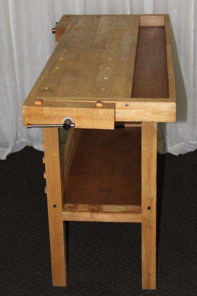 AN AWESOME AND VERY WELL MADE "WHITEGATE" SOLID WHITE OAK WORK BENCH WITH 2x VICES & AMPLE STORAGE