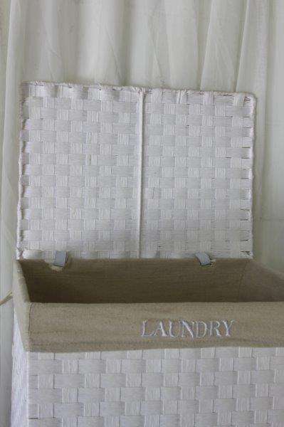 A FABULOUS WHITE LAUNDRY BASKET WITH A NATURAL LINEN (REMOVABLE) EMBROIDERED LINEN BAG