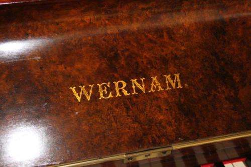 A MAGNIFICENT ANTIQUE WERNAM LONDON WALNUT AND WALNUT BURR UPRIGHT PIANO WITH MARQUETRY DETAILING