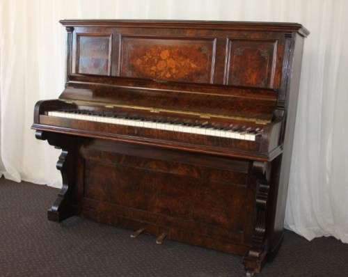 A MAGNIFICENT ANTIQUE WERNAM LONDON WALNUT AND WALNUT BURR UPRIGHT PIANO WITH MARQUETRY DETAILING