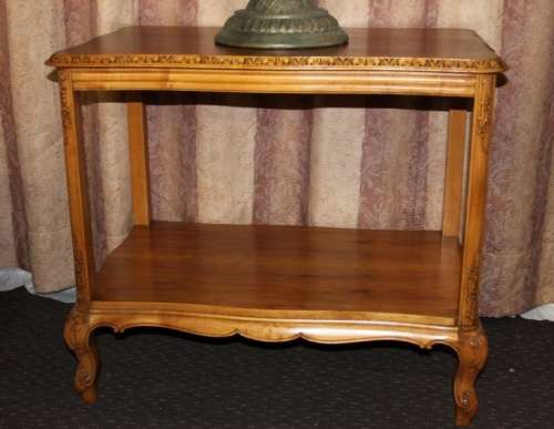 A FANTASTIC BURMESE TEAK DOUBLE SHELF SERVING HATCH TABLE WITH AMAZING HAND CARVED DETAILING
