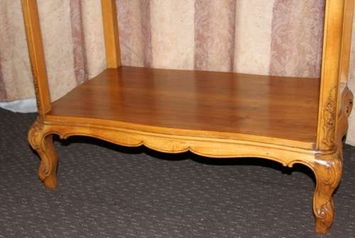 A FANTASTIC BURMESE TEAK DOUBLE SHELF SERVING HATCH TABLE WITH AMAZING HAND CARVED DETAILING