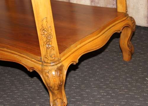 A FANTASTIC BURMESE TEAK DOUBLE SHELF SERVING HATCH TABLE WITH AMAZING HAND CARVED DETAILING