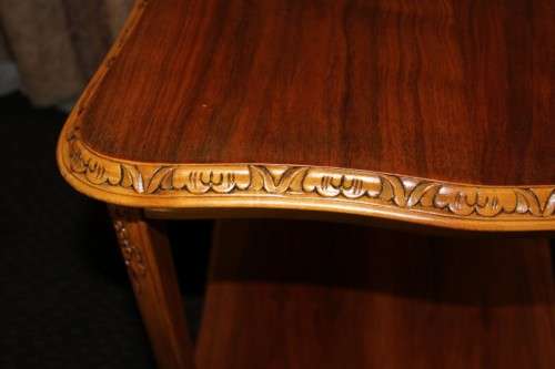 A FANTASTIC BURMESE TEAK DOUBLE SHELF SERVING HATCH TABLE WITH AMAZING HAND CARVED DETAILING