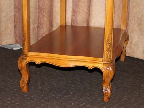 A FANTASTIC BURMESE TEAK DOUBLE SHELF SERVING HATCH TABLE WITH AMAZING HAND CARVED DETAILING