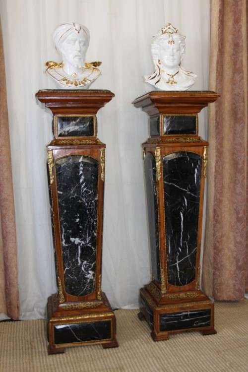 2x RARE ANTIQUE ITALIAN MADE KINGWOOD & MARBLE LOUIS XVI PEDESTALS w/ ORMOLU DETAILING bid/pedestal