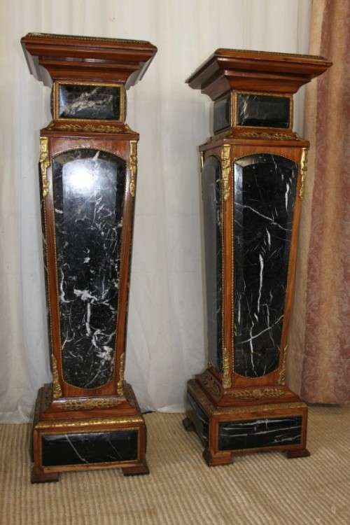 2x RARE ANTIQUE ITALIAN MADE KINGWOOD & MARBLE LOUIS XVI PEDESTALS w/ ORMOLU DETAILING bid/pedestal