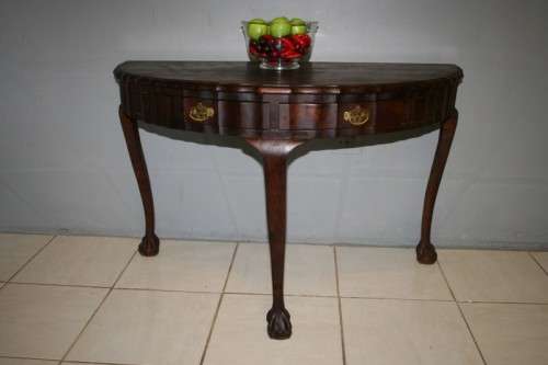 AN ABSOLUTELY STUNNING 2 x DRAW SOLID IMBUIA BALL & CLAW HALF MOON OCCASIONAL TABLE, STUNNING!!