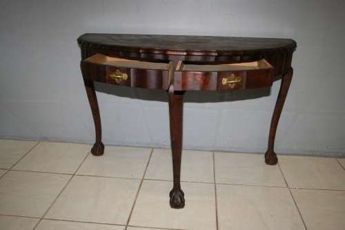 AN ABSOLUTELY STUNNING 2 x DRAW SOLID IMBUIA BALL & CLAW HALF MOON OCCASIONAL TABLE, STUNNING!!