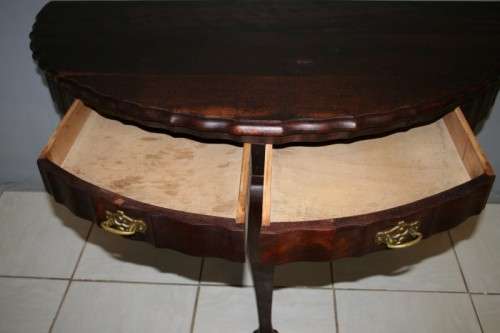 AN ABSOLUTELY STUNNING 2 x DRAW SOLID IMBUIA BALL & CLAW HALF MOON OCCASIONAL TABLE, STUNNING!!