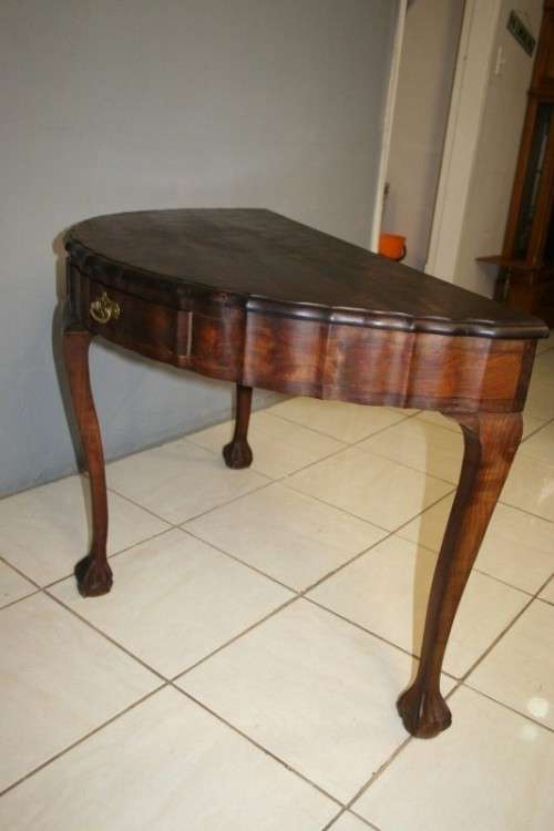 AN ABSOLUTELY STUNNING 2 x DRAW SOLID IMBUIA BALL & CLAW HALF MOON OCCASIONAL TABLE, STUNNING!!