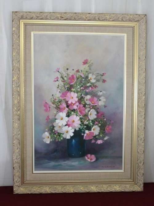 AN ORIGINAL SIGNED "JANE DE VILLIERS" OIL ON CANVAS COSMOS PAINTING IN A MAGNIFICENT BROAD FRAME