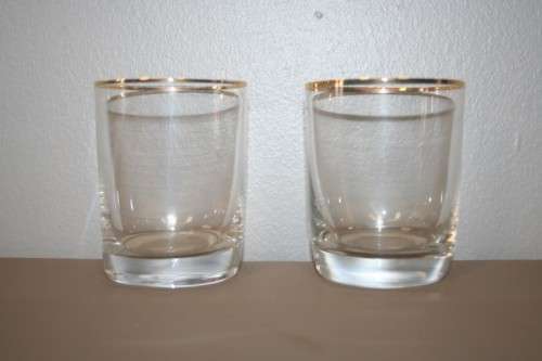 TWO FABULOUS GOLD RIMMED DRINKING GLASSES, IN STUNNING CONDITION = GREAT COCKTAIL GLASSES