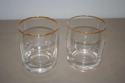 TWO FABULOUS GOLD RIMMED DRINKING GLASSES, IN STUNNING CONDITION = GREAT COCKTAIL GLASSES