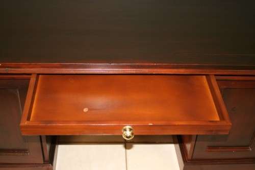 A STUNNING LARGE INDONESIAN TEAK EXECUTIVE "PARTNER" DESK WITH BRASS HANDLES AND HINGES