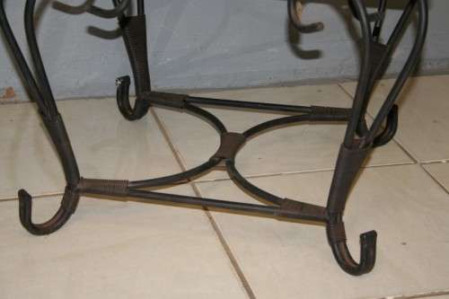 TWO FANTASTIC AND VERY WELL MADE WROUGHT IRON AND INDONESIAN TEAK COFFEE TABLE bid/table