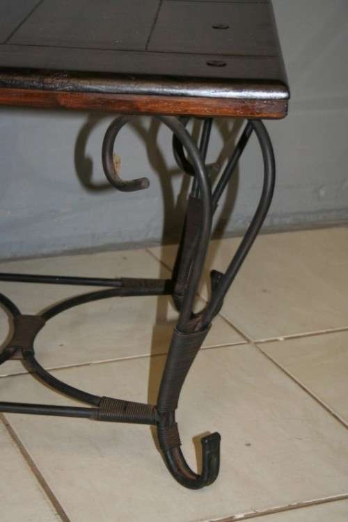 TWO FANTASTIC AND VERY WELL MADE WROUGHT IRON AND INDONESIAN TEAK COFFEE TABLE bid/table