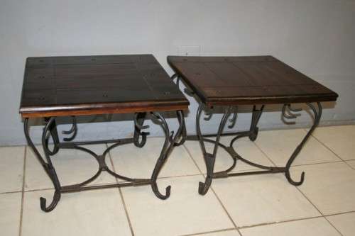 TWO FANTASTIC AND VERY WELL MADE WROUGHT IRON AND INDONESIAN TEAK COFFEE TABLE bid/table